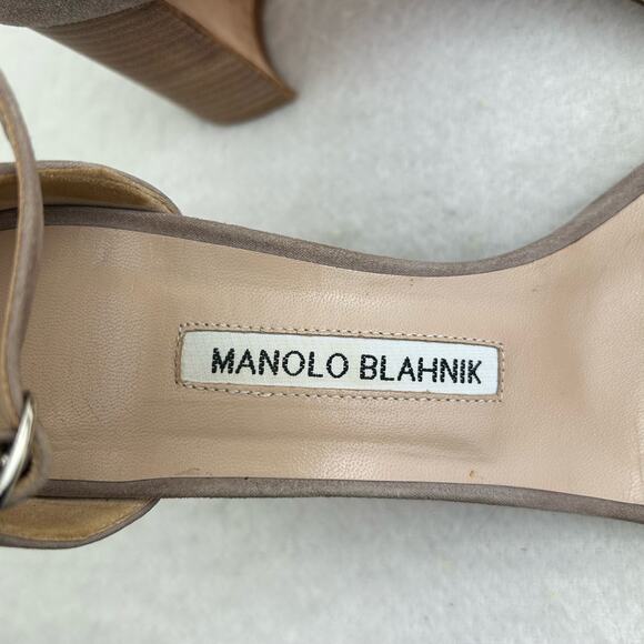 Authentic Manolo Blahnik Brown Gray Suede Strappy Sandal Block Heel 38.5 (US 8) - Picture 15 of 16